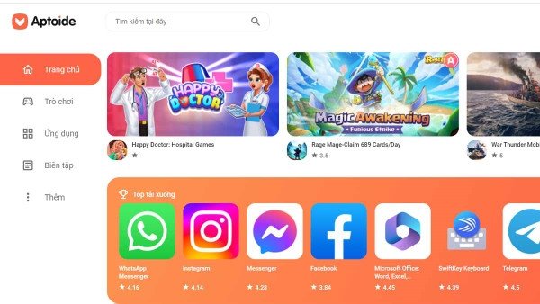 Màn hình chính của Aptoide, một app tải game laptop thay thế cho Google Play, với nhiều lựa chọn trò chơi.