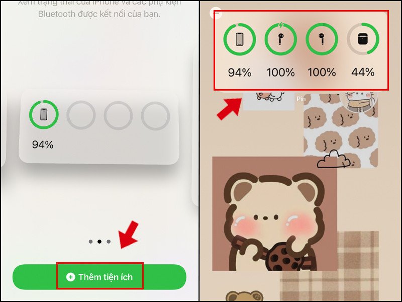 Màn hình chính hiển thị tiện ích widget pin giúp kiểm soát tình trạng sạc của AirPods