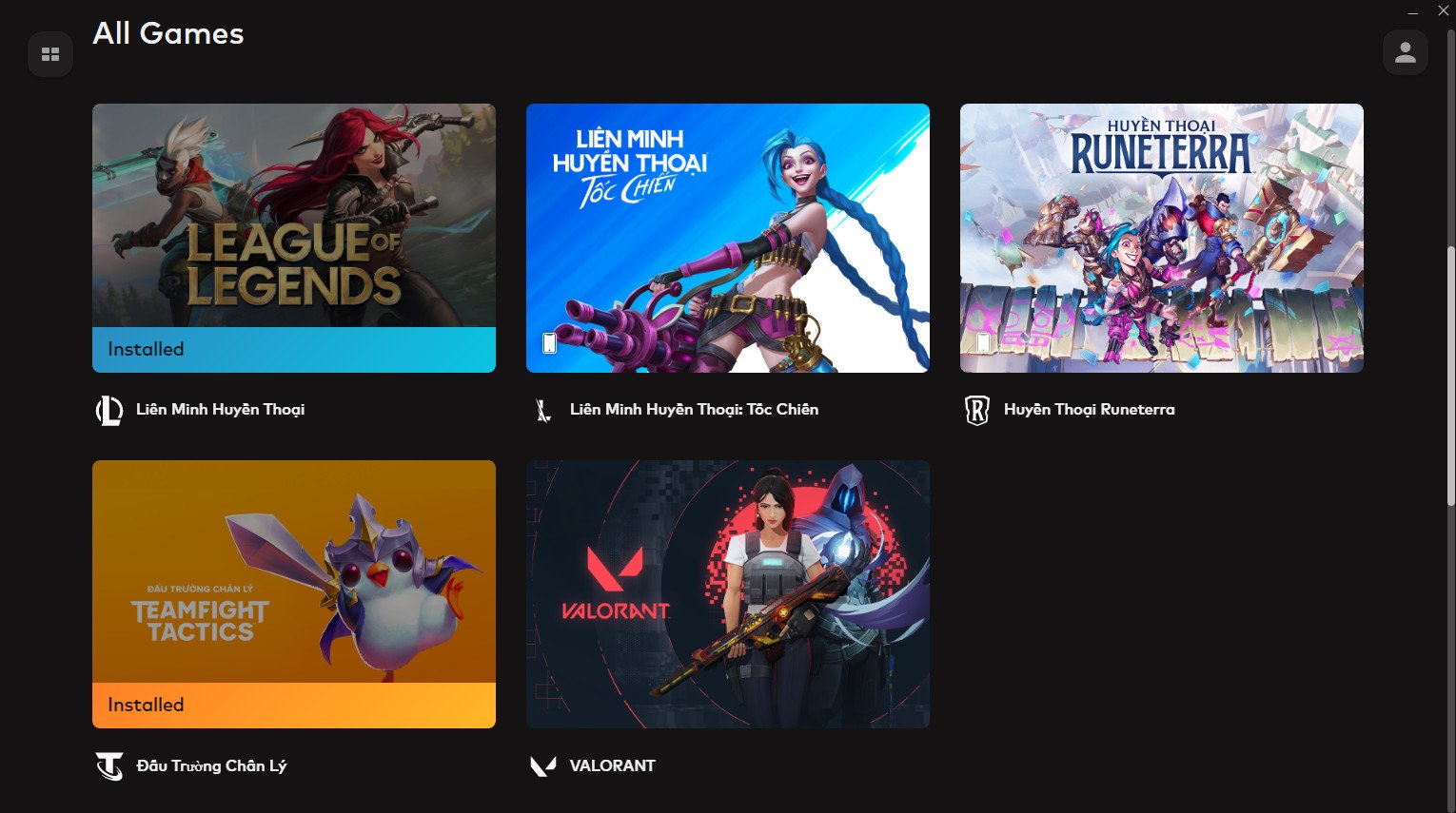 Màn hình chính Riot Client sau khi đăng nhập, cho phép người chơi chọn các game của Riot, bao gồm Đấu Trường Chân Lý để chơi trên máy tính xách tay.