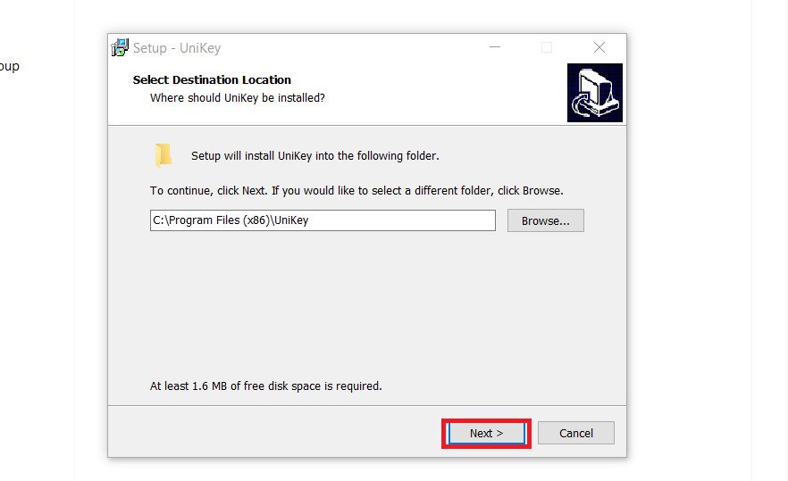 Màn hình chọn thư mục đích để cài đặt Unikey vào laptop, thường là ổ C.