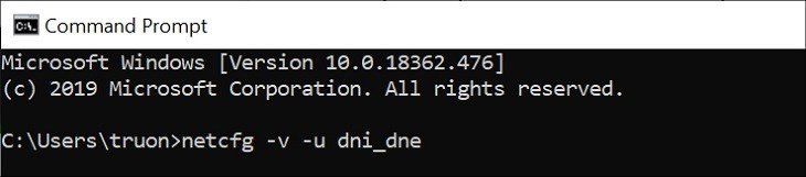 Màn hình Command Prompt với các lệnh sửa lỗi cấu hình mạng, dành cho laptop không bắt được WiFi nhà