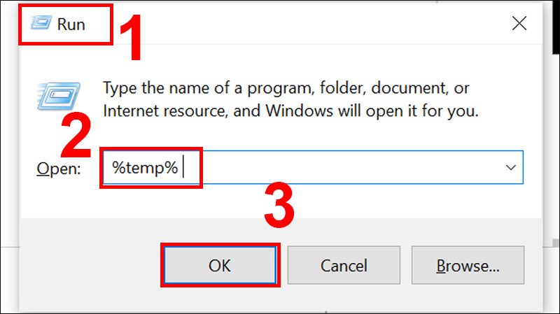 Màn hình cửa sổ Run với lệnh %temp% để tìm các tệp tin tạm thời