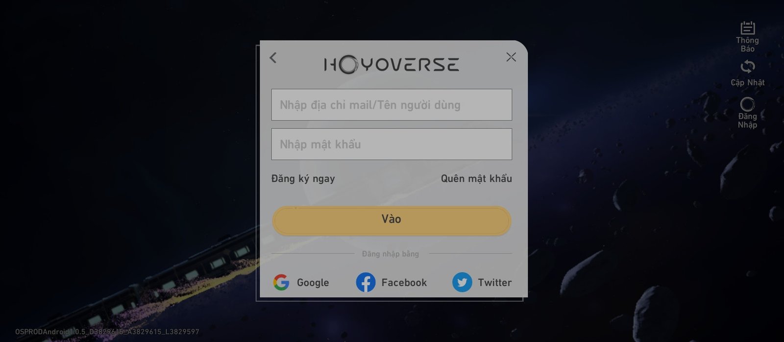 Màn hình đăng nhập tài khoản để chơi Honkai Star Rail trên laptop