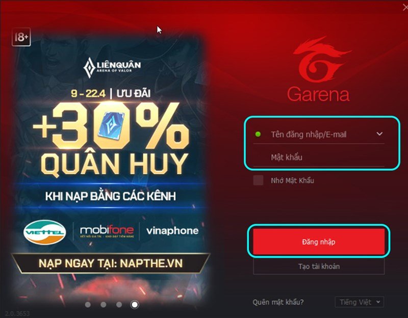 Màn hình đăng nhập tài khoản Garena để bắt đầu quá trình tải FIFA Online 4 cho laptop