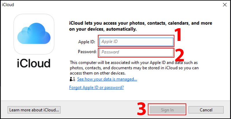 Màn hình đăng nhập ứng dụng iCloud dành cho Windows