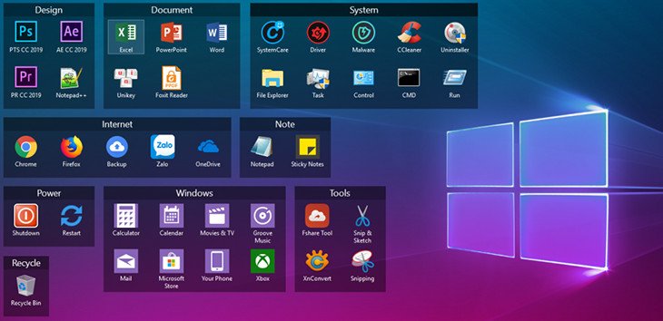 Màn hình desktop hiển thị các biểu tượng ứng dụng phổ biến trên laptop