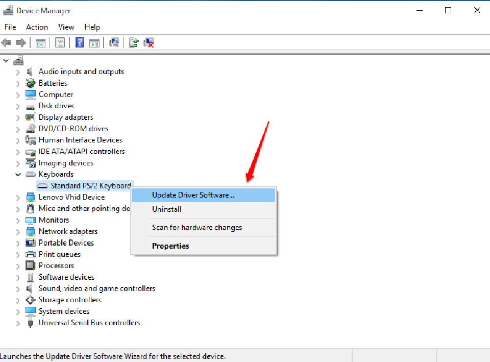 Màn hình Device Manager hiển thị các driver bàn phím cần cập nhật để sửa lỗi bàn phím laptop bị khoá