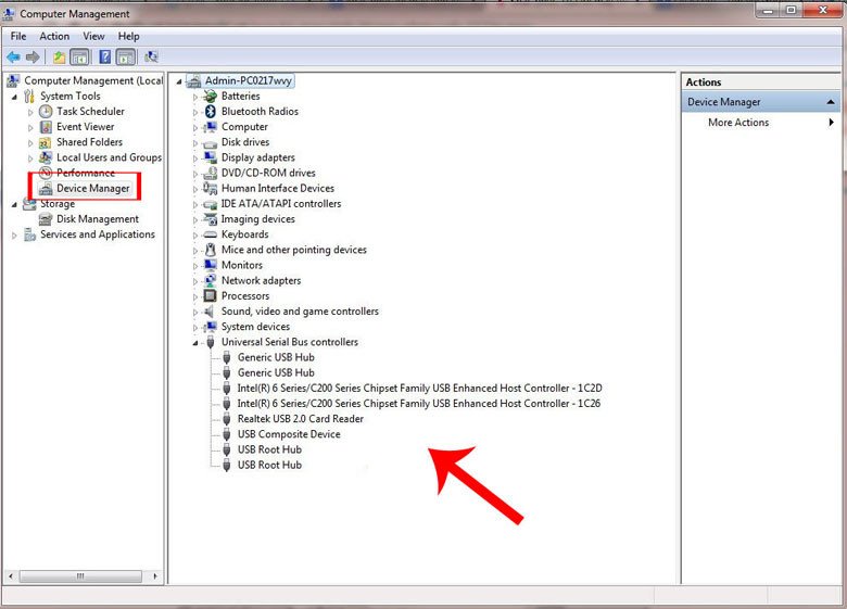 Màn hình Device Manager hiển thị lỗi driver USB khi máy tính không nhận máy in