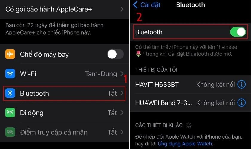 Màn hình điện thoại hiển thị cài đặt Bluetooth để kết nối tai nghe Havit TW 967