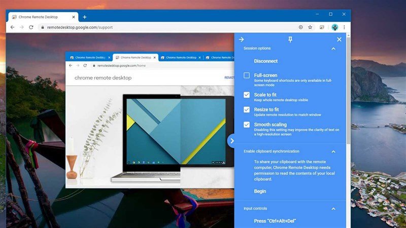 Màn hình điện thoại hiển thị giao diện điều khiển laptop qua Chrome Remote Desktop