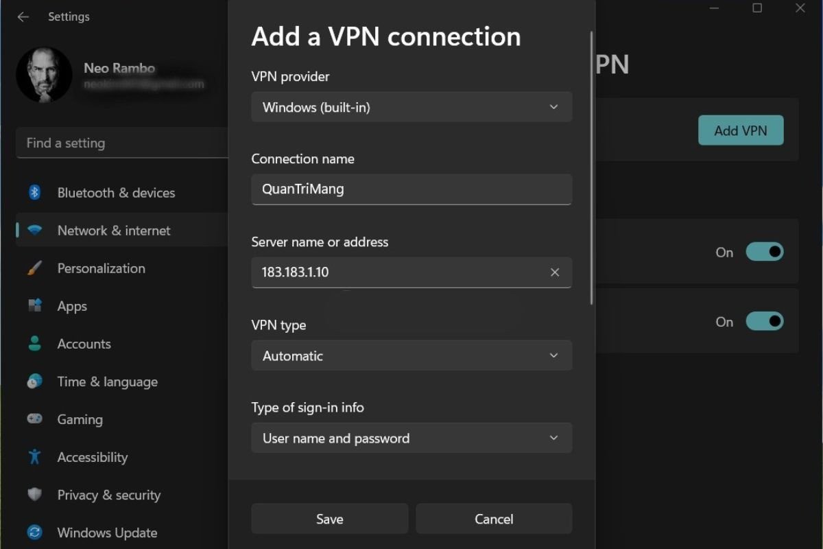 Màn hình điền thông tin chi tiết để thiết lập VPN trên laptop Windows, bao gồm tên máy chủ và loại giao thức, quan trọng cho việc đổi VPN.