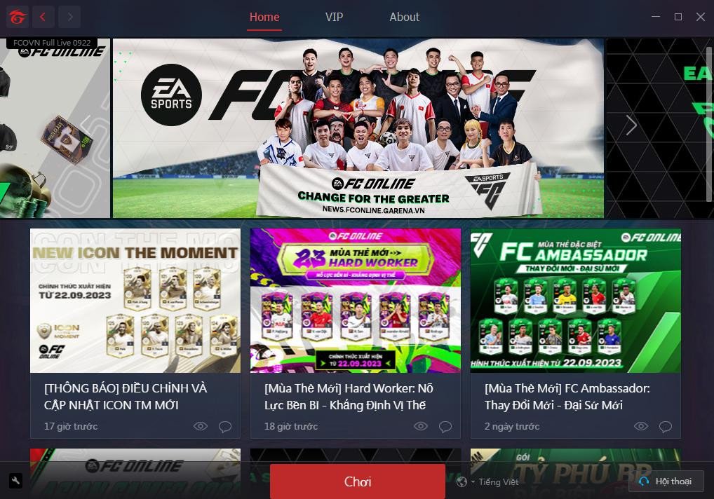 Màn hình Garena PC với nút "Chơi" FC Online sẵn sàng