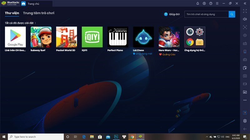 Màn hình giả lập BlueStacks chạy ứng dụng Android trên laptop