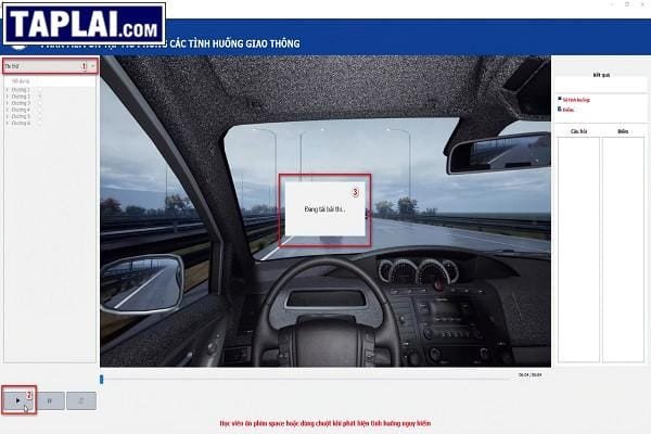 Màn hình giao diện thi thử của phần mềm, với các tùy chọn và nút Play để bắt đầu bài thi