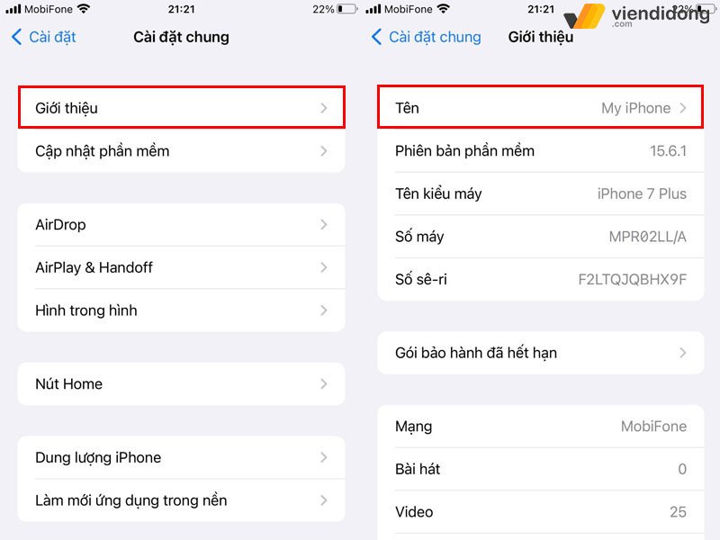 Màn hình Giới thiệu của iPhone hiển thị mục Tên