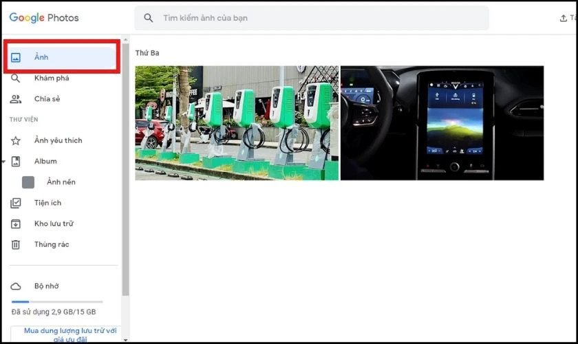 Màn hình Google Photos hiển thị các ảnh đã chọn để tải về laptop