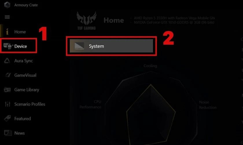 Màn hình hiển thị các bước chọn 'Device' và 'System' trong phần mềm Armory Crate để tùy chỉnh đèn LED.
