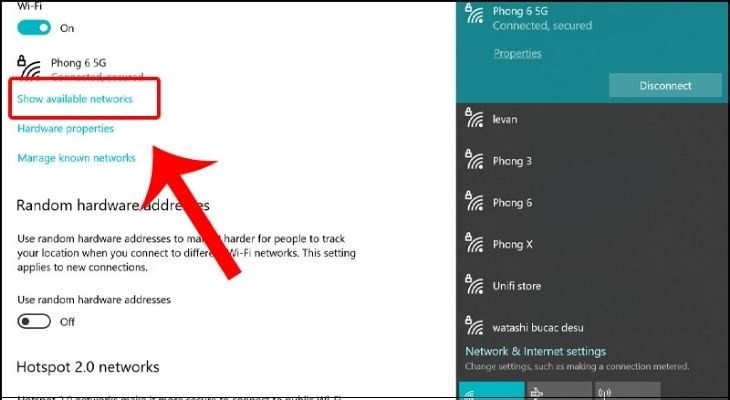 Màn hình hiển thị các mạng Wi-Fi sau khi khắc phục lỗi trên laptop Lenovo