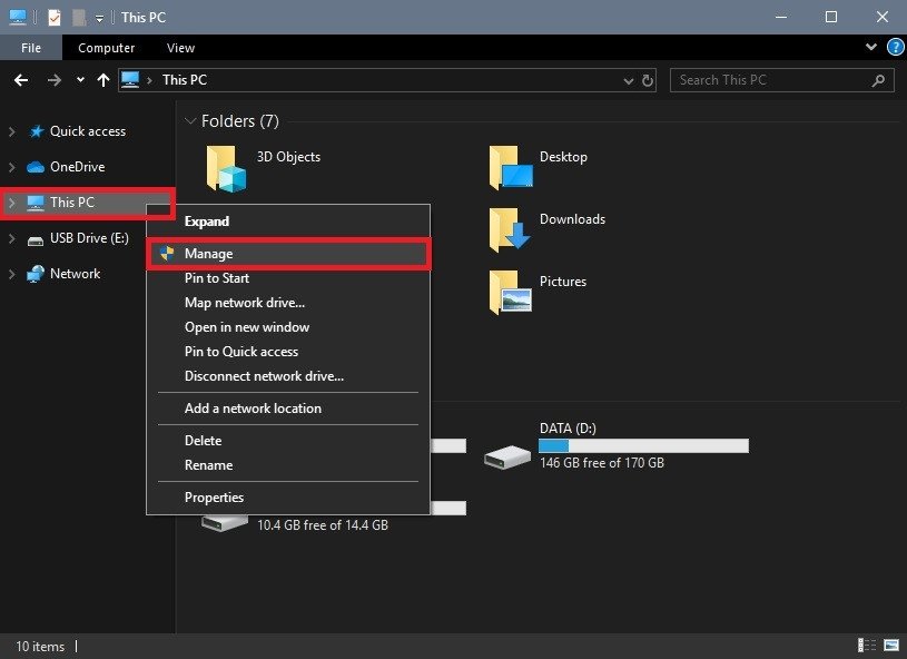 Màn hình hiển thị cửa sổ My Computer và tùy chọn Manage