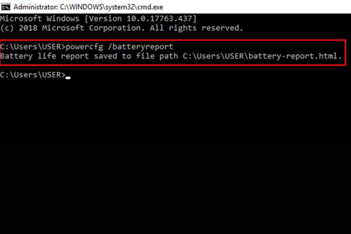 Màn hình hiển thị kết quả lệnh powercfg /batteryreport trong Command Prompt