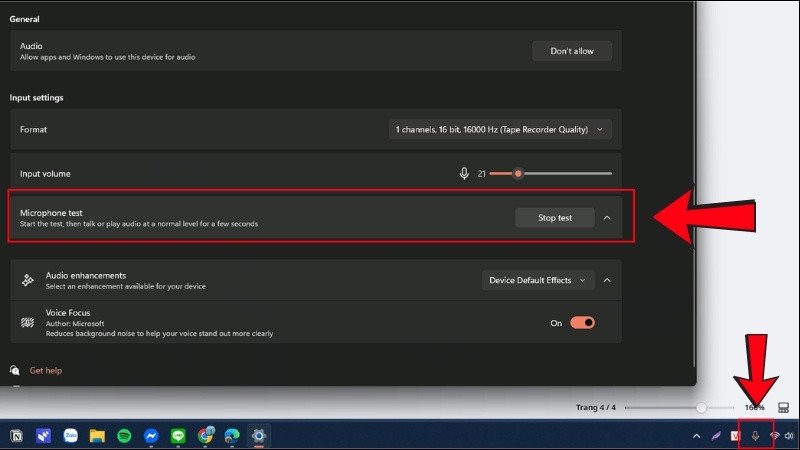 Màn hình hiển thị quá trình ghi âm đang diễn ra để test micro trên laptop