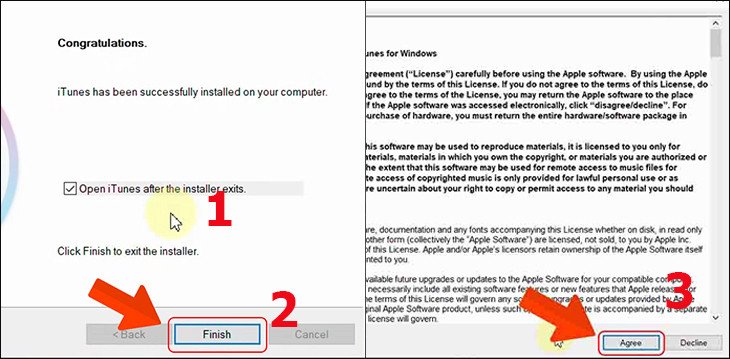 Màn hình hoàn tất cài đặt iTunes, hiển thị nút Finish và yêu cầu chấp nhận điều khoản sử dụng trước khi đồng bộ iPhone với máy tính.