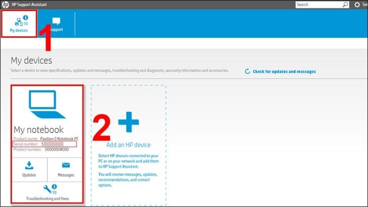 Màn hình HP Support Assistant hiển thị thông tin thiết bị và Serial Number