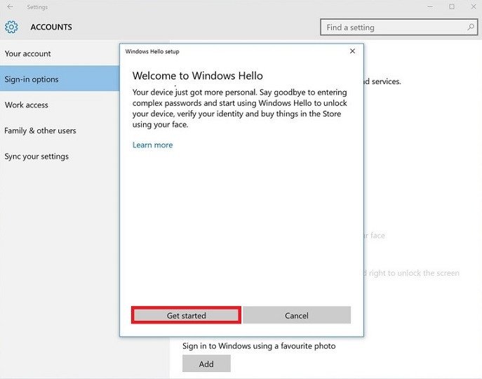 Màn hình hướng dẫn bắt đầu cài đặt nhận diện khuôn mặt Dell