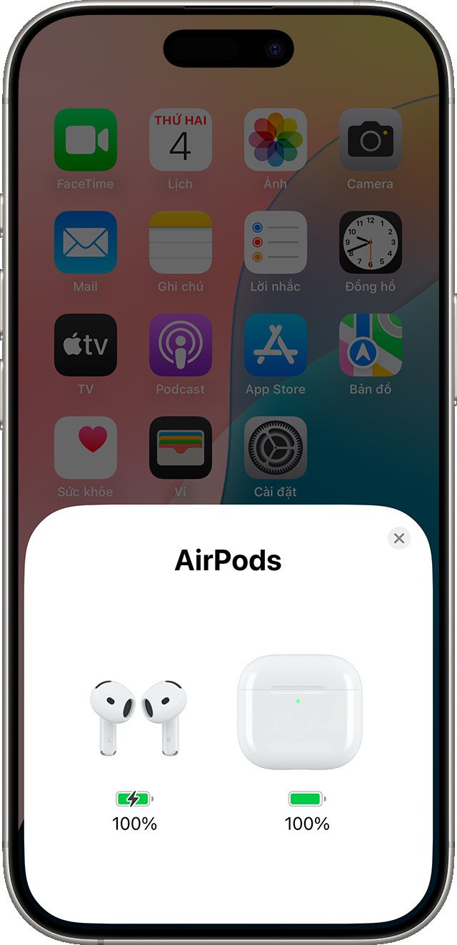 Màn hình iPhone hiển thị mức pin của tai nghe và hộp sạc, hỗ trợ kiểm tra tai nghe trái phải
