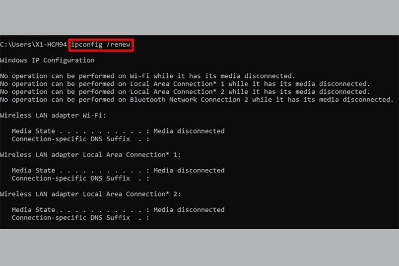 Màn hình kết quả sau khi làm mới địa chỉ IP Wifi