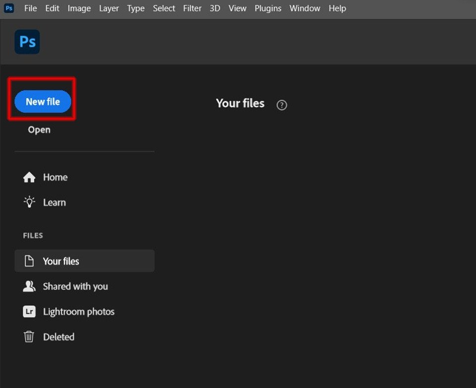 Màn hình khởi động Photoshop với tùy chọn Create New để tạo dự án mới