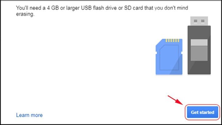 Màn hình khởi tạo USB cài Chrome OS Flex, chọn Get Started