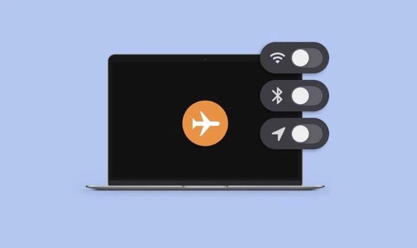 Màn hình laptop hiển thị chế độ máy bay và kết nối internet đã tắt