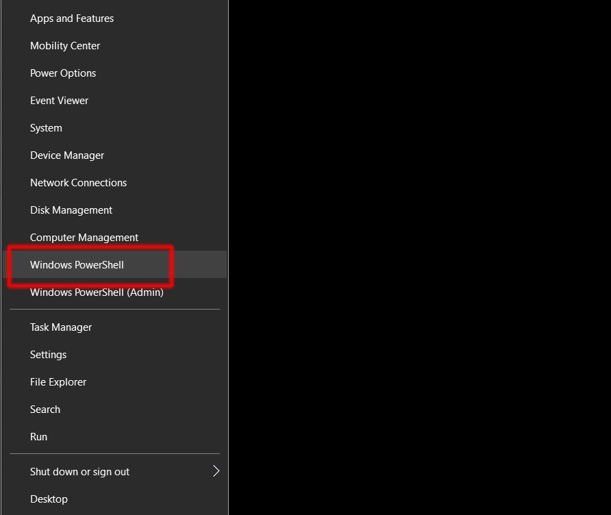 Màn hình laptop hiển thị menu Windows + X với tùy chọn Windows PowerShell, một cách khác để kiểm tra tình trạng pin laptop