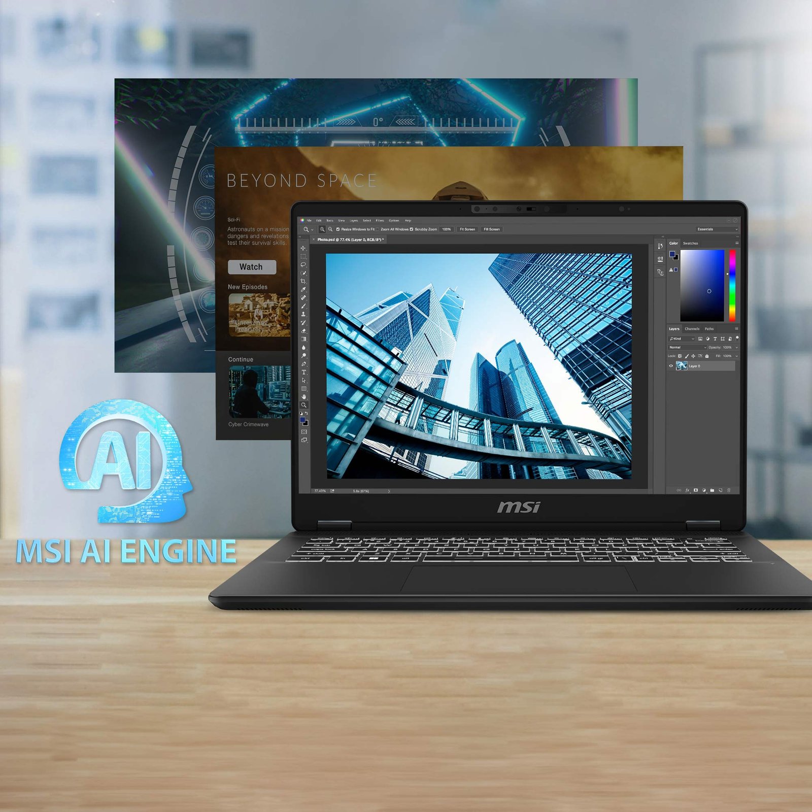 Màn hình laptop MSI Prestige 14 AI Studio hiển thị cài đặt MSI AI Engine, tượng trưng cho công nghệ trí tuệ nhân tạo độc quyền giúp tối ưu hiệu suất.