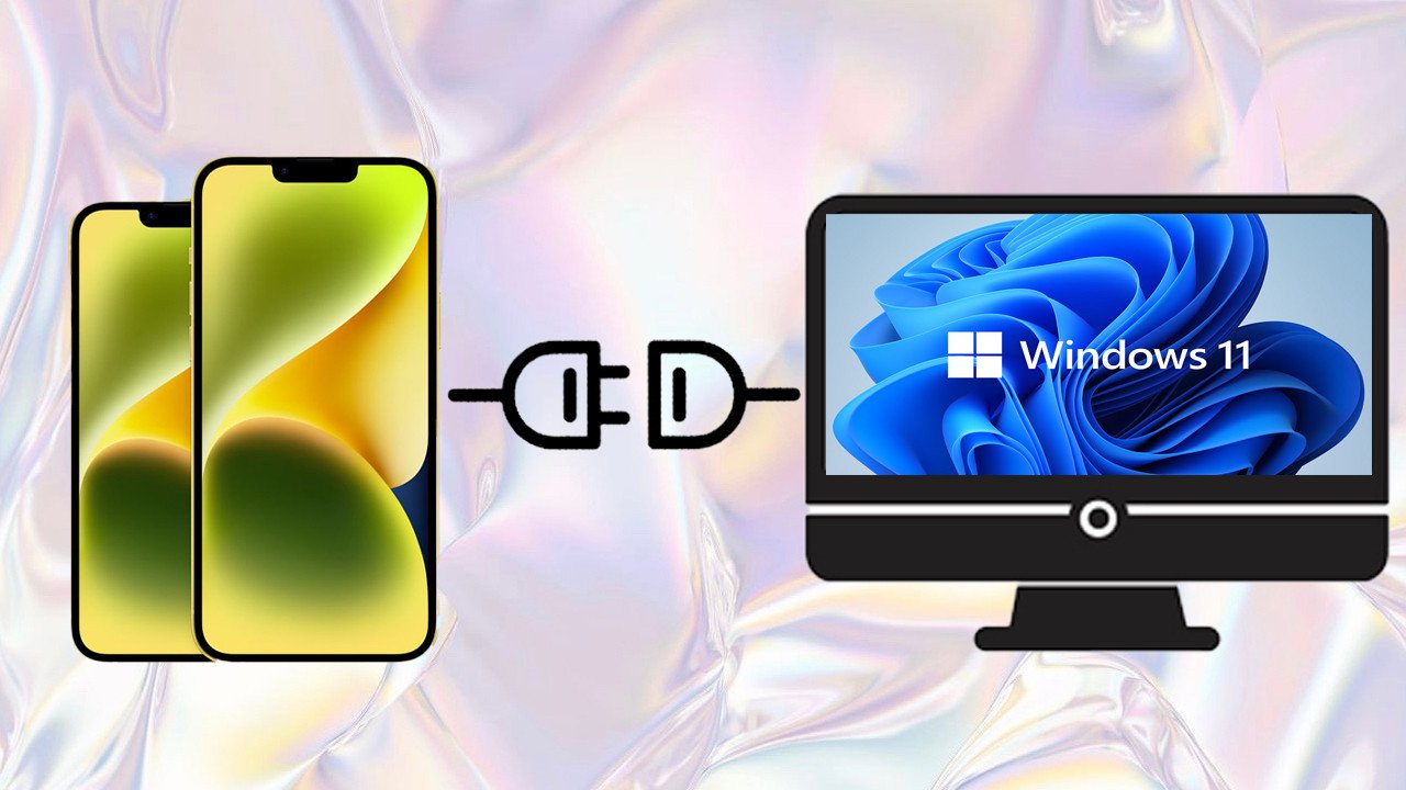 Màn hình laptop Windows 11 và iPhone hiển thị giao diện ứng dụng Phone Link, minh họa kết nối iphone với laptop win 11