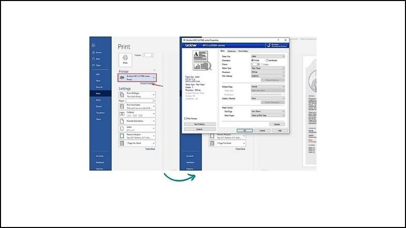 màn hình lệnh Print để cấu hình in hai mặt trên máy in Brother HL-L2321D