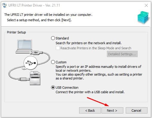 Màn hình lựa chọn kết nối USB khi cài đặt driver máy in Canon 6030