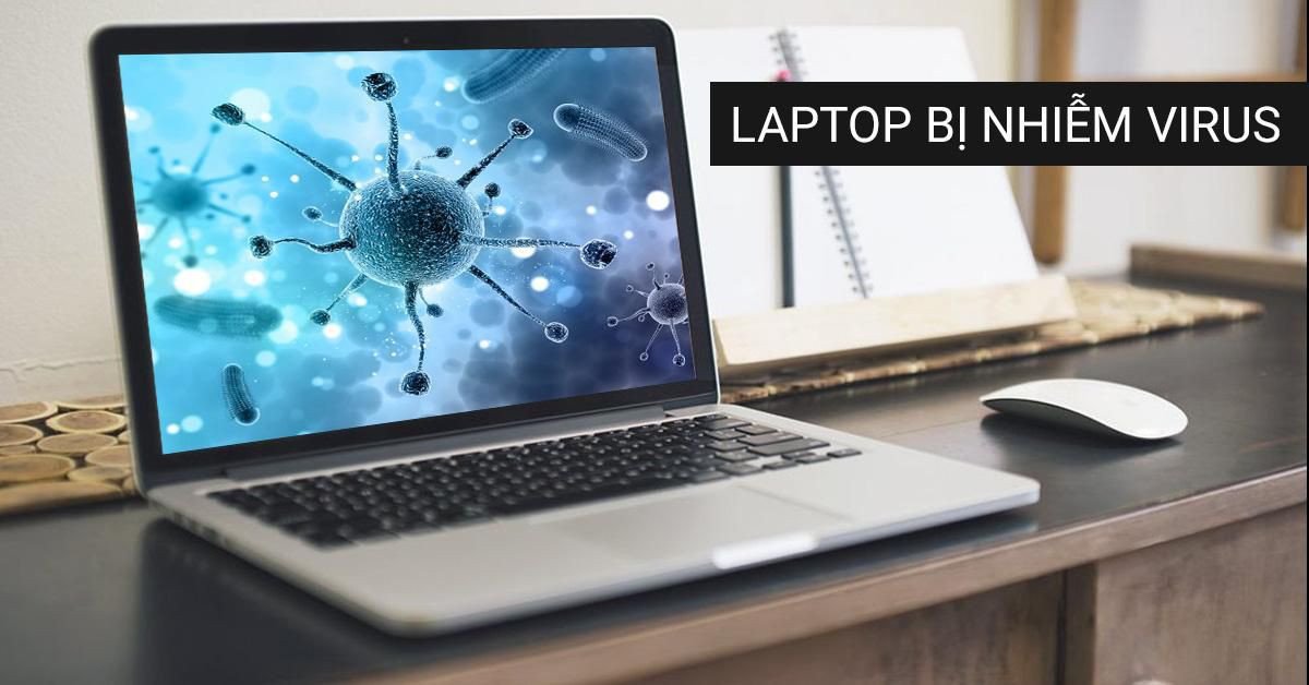 Màn hình máy tính hiển thị cảnh báo virus, biểu tượng của các phần mềm độc hại đang tấn công, khiến laptop gặp tình trạng chậm chạp bất thường.