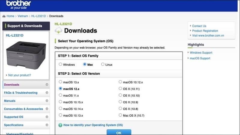 màn hình máy tính hiển thị trang tải driver máy in Brother HL-L2321D