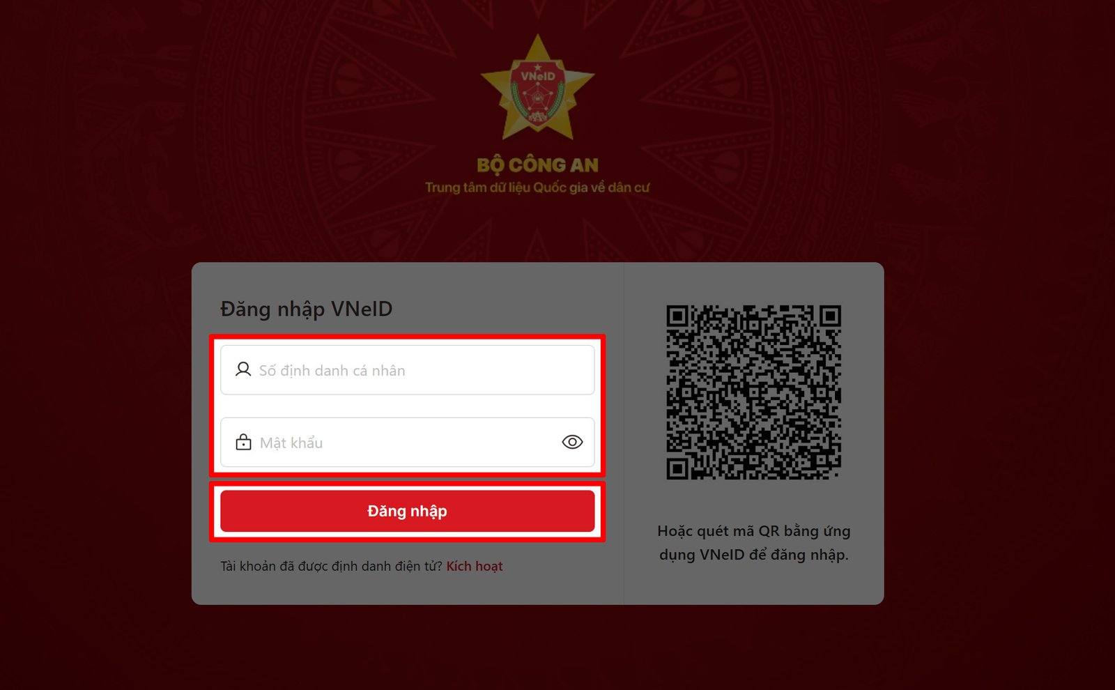 Màn hình nhập thông tin đăng nhập VNeID trên laptop