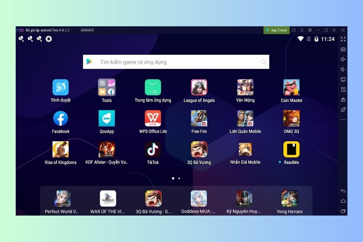 Màn hình NoxPlayer hiển thị khả năng đa nhiệm, cho thấy đây là giả lập Android nhẹ và ổn định