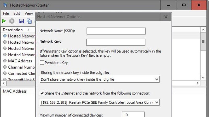 Màn hình phần mềm HostedNetworkStarter giúp chia sẻ wifi laptop