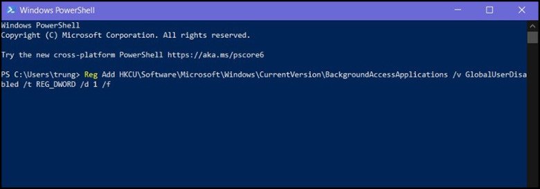 Màn hình PowerShell với dòng lệnh tắt ứng dụng chạy ngầm