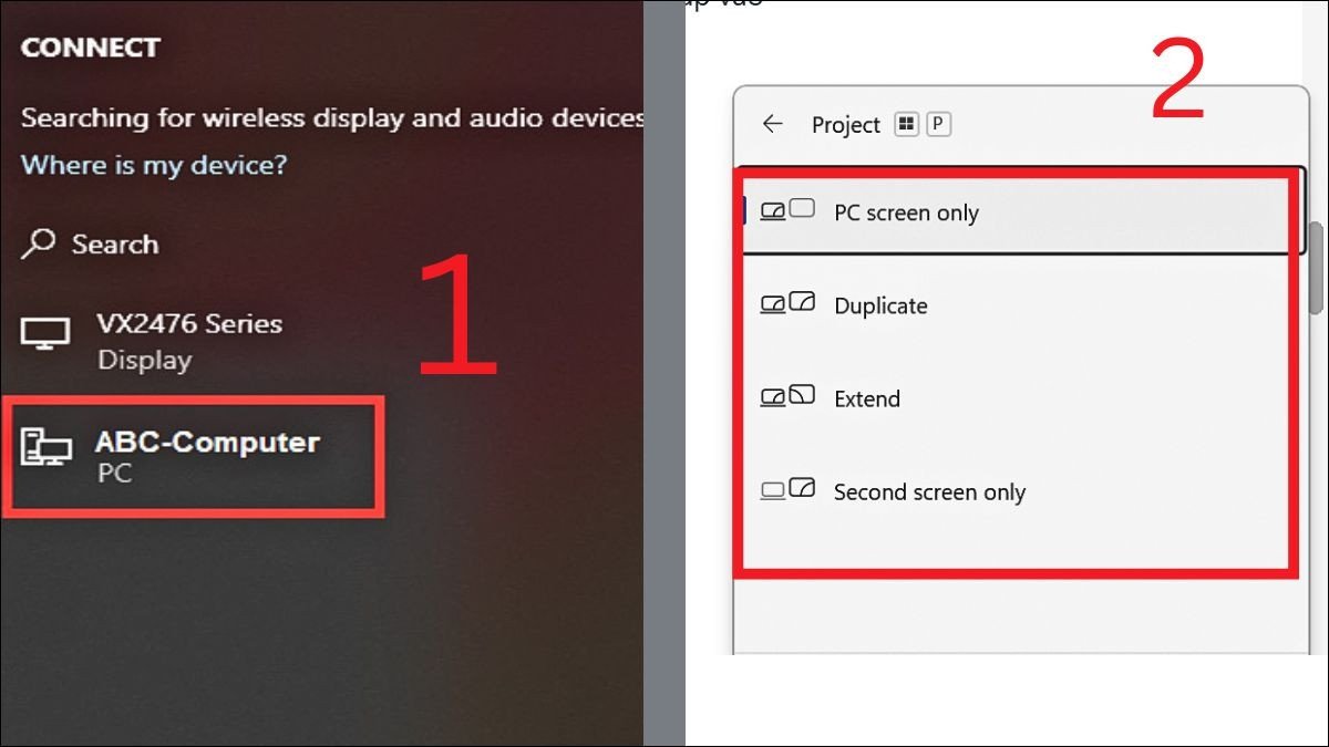 Màn hình Project trên Windows hiển thị các tùy chọn kết nối và chia sẻ màn hình laptop với PC