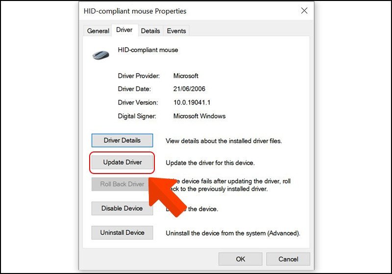 Màn hình 'Properties' của bàn phím, hiển thị tùy chọn 'Update Driver', giải pháp khi bàn phím laptop bị liệt do driver cũ.