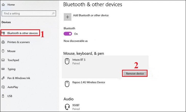 Màn hình quản lý thiết bị Bluetooth đã kết nối, nơi bạn có thể xóa bớt các kết nối thừa khi laptop không kết nối được loa Bluetooth.