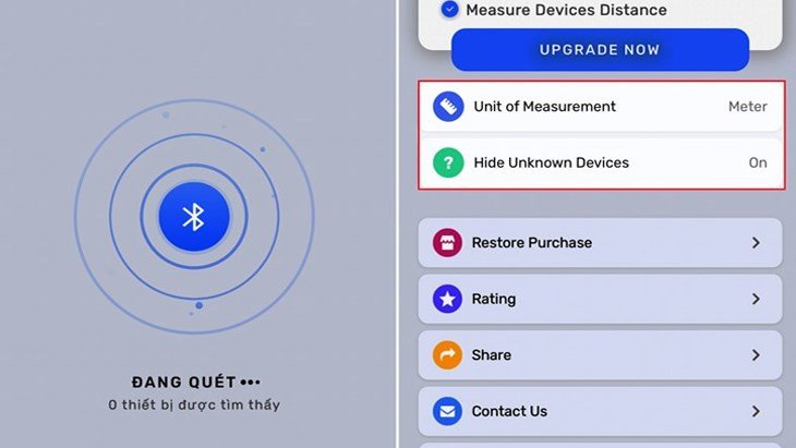 Màn hình quét các thiết bị Bluetooth khả dụng của ứng dụng tìm tai nghe