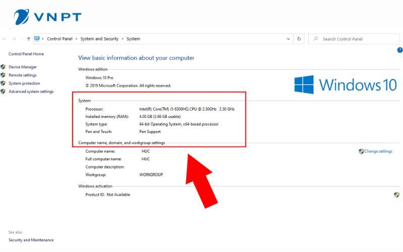 Màn hình System Properties hiển thị thông tin cơ bản về cấu hình và hệ điều hành của máy tính