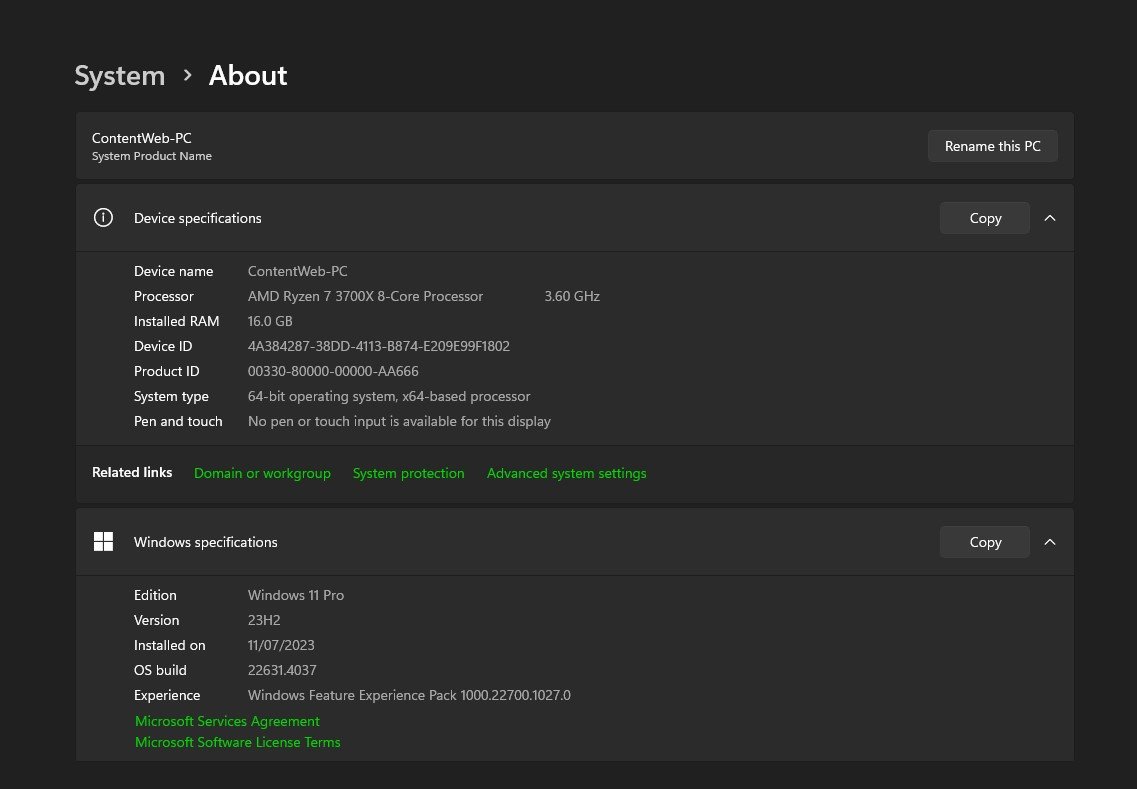 Màn hình System Properties trên Windows 11 hiển thị thông tin về bộ vi xử lý (CPU), dung lượng RAM và phiên bản hệ điều hành.